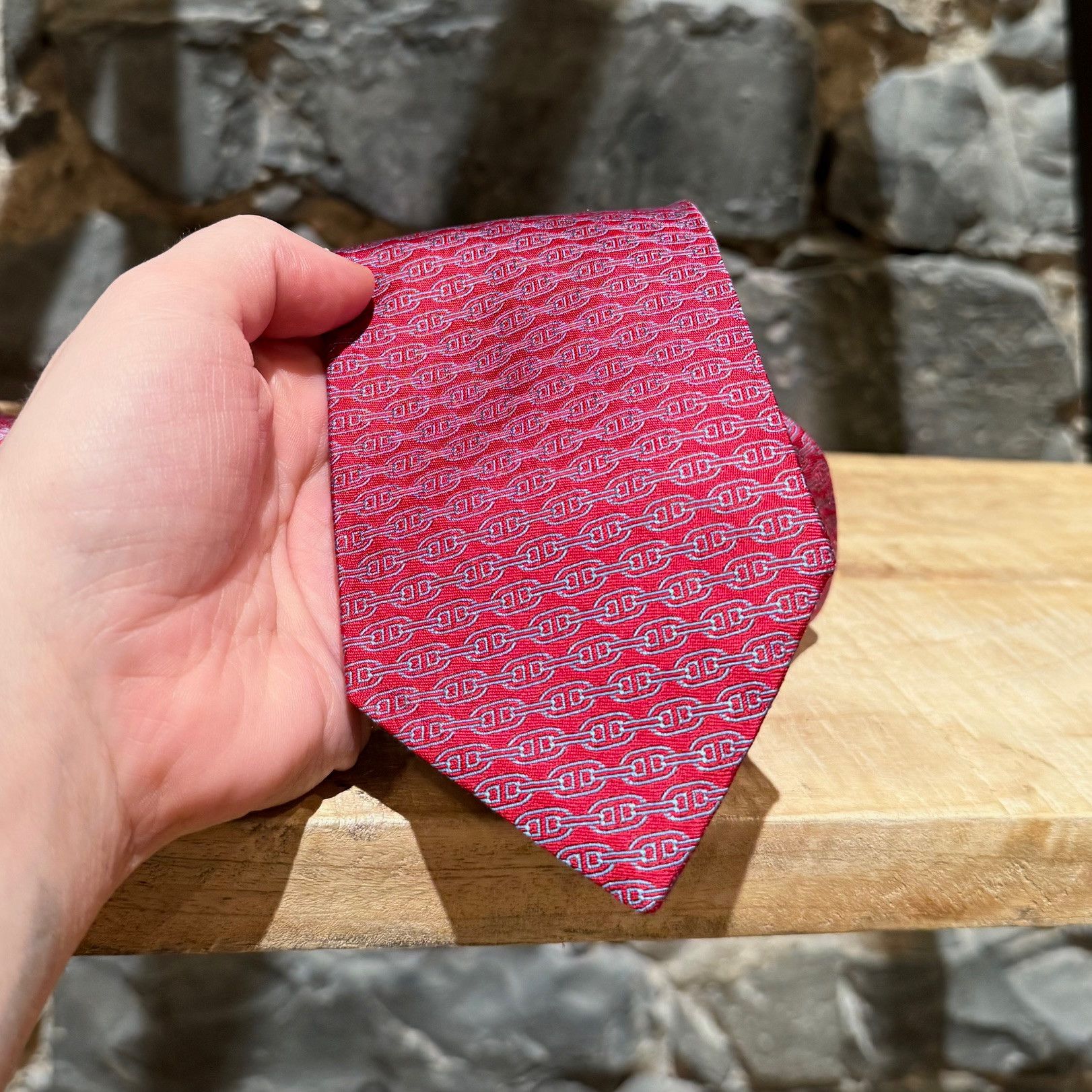 Hermes Hermès Chaine D'Ancre Horizontal Stripe Red Silk Tie Size ONE SIZE - 2 Thumbnail