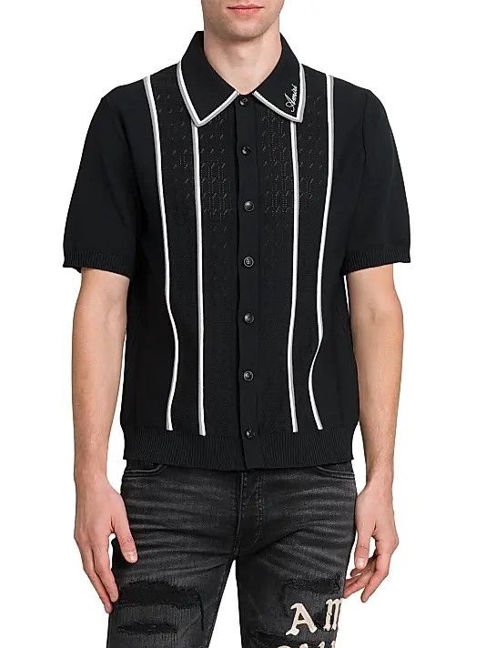 Amiri os11x1225 Logo-Detailed Striped Pointelle-Knit Shirt Black Size US XL / EU 56 / 4 - 3 Thumbnail