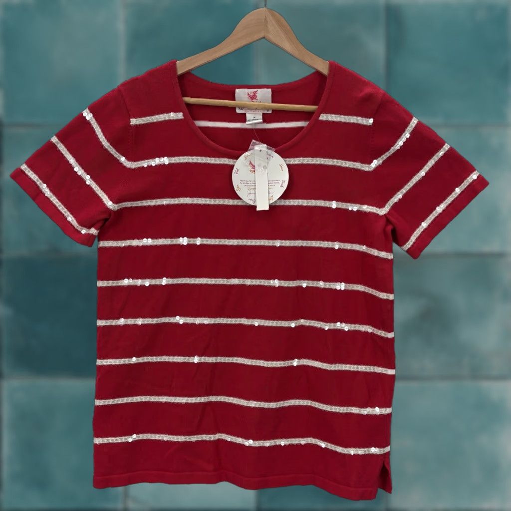 Quacker Factory Quacker Factory Shirt Womens Medium Red Stripe Sequin Short Sleeve Cotton Top Size M / US 6-8 / IT 42-44 - 1 Thumbnail