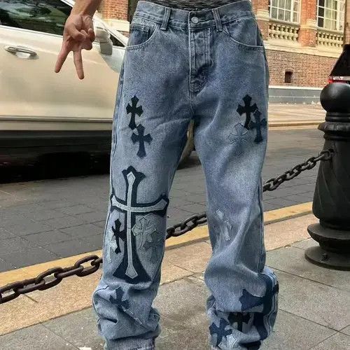 Japanese Brand Street style retro cross print straight jeans Size US 32 / EU 48 - 2 Thumbnail