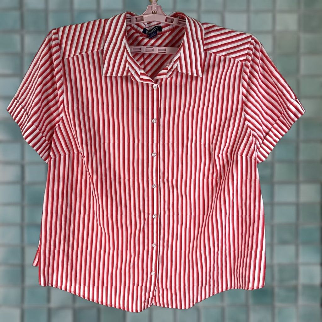 Vintage VINTAGE Roaman's Striped Button-Up Shirt Women's 26W Red Pink Short Sleeve Collared 100% Cotton Plus Size Womens Size 4XL / US 24-26 - 1 Thumbnail