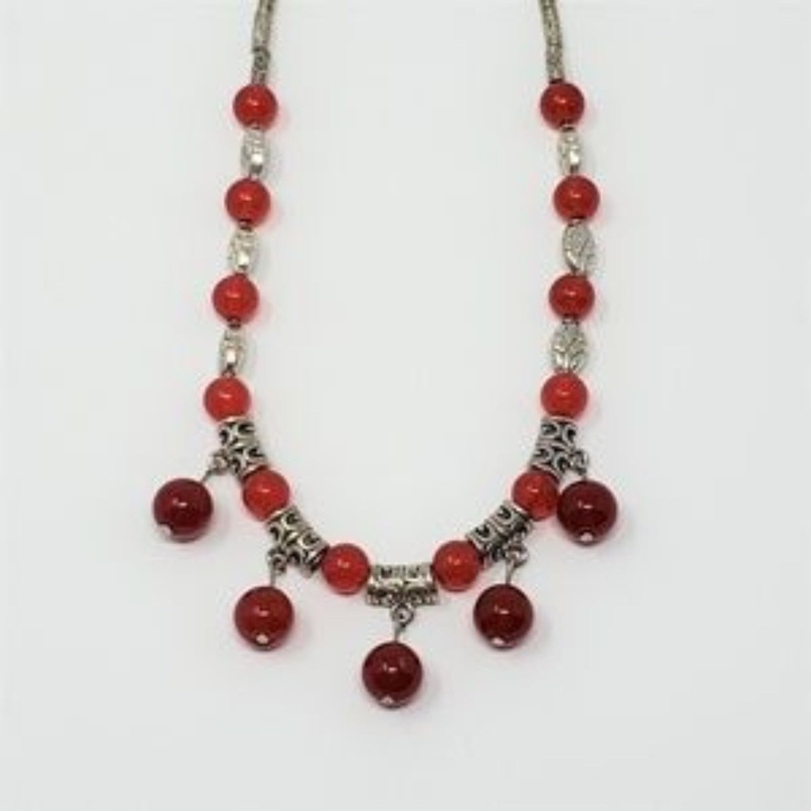 Other Silver & Cranberry Red Beaded Dangle Post-Hung Necklace Size ONE SIZE - 2 Thumbnail