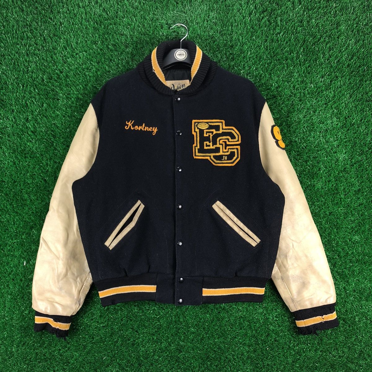image of Vintage 90's Dehen 1920 Varsity Jacket Leather Sleeve in Blue, Men's (Size XL)