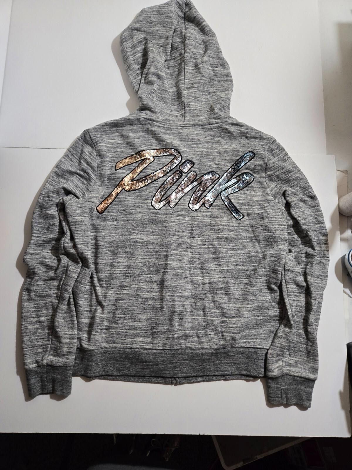 Designer Victoria's Secret PINK Gold Dog Zip Hoodie Gray EUC Large Size L / US 10 / IT 46 - 2 Thumbnail
