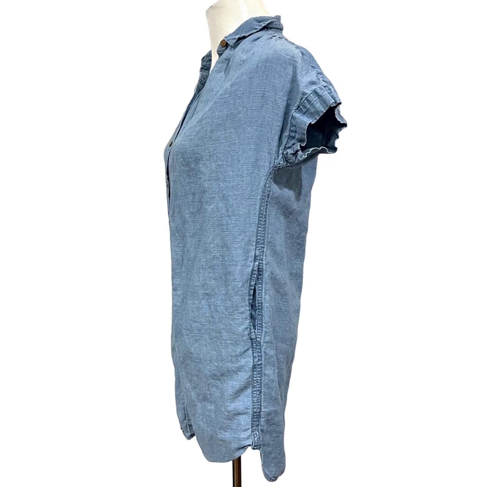 Madewell Madewell Chambray Shirt Dress Denim Linen Cotton Button Front Pockets XS Women Shirt Dress Tunic Short Sleeve Blue Size XS / US 0-2 / IT 36-38 - 3 Thumbnail