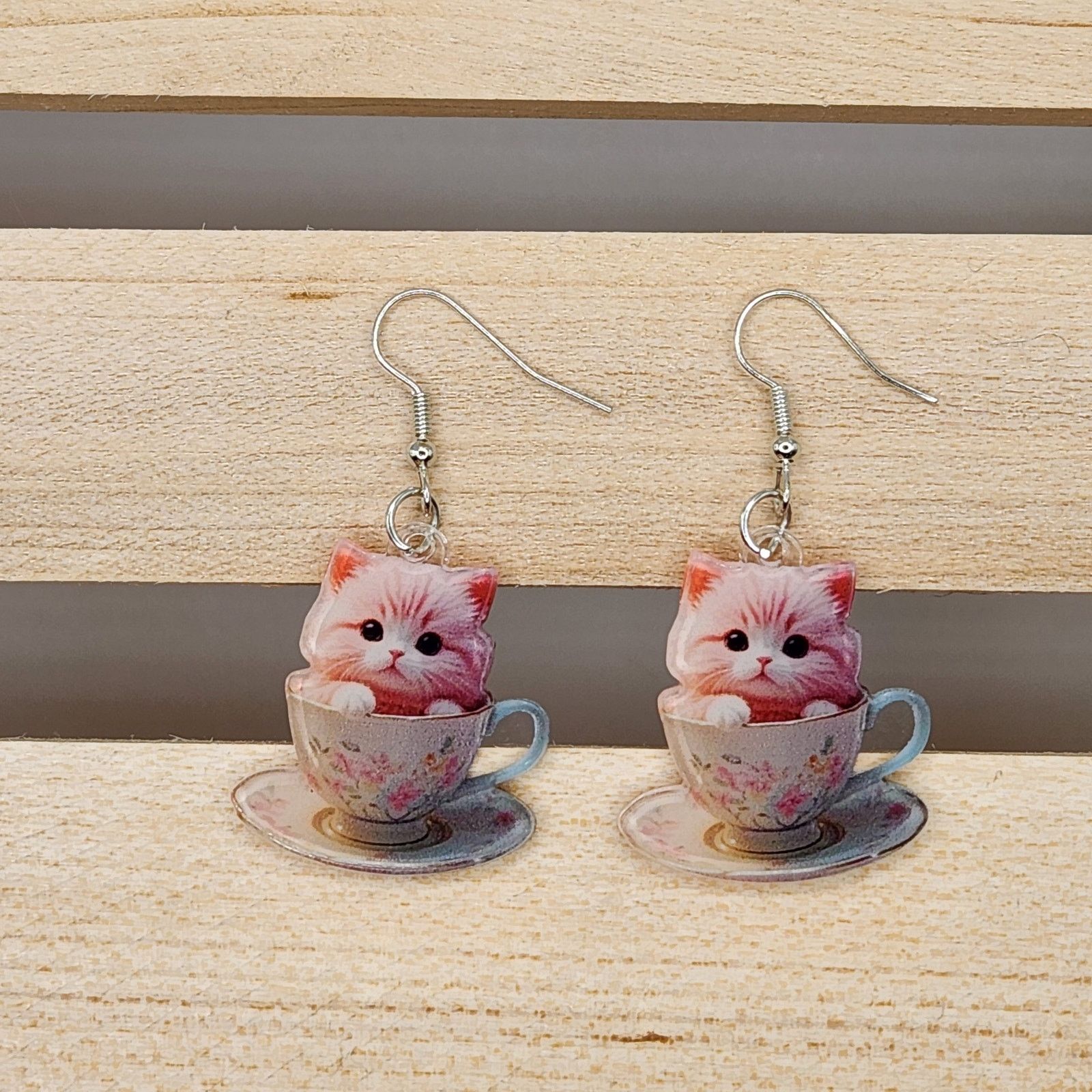 Other Pink Cat in Floral Teacup Acrylic Earrings Size ONE SIZE - 2 Thumbnail