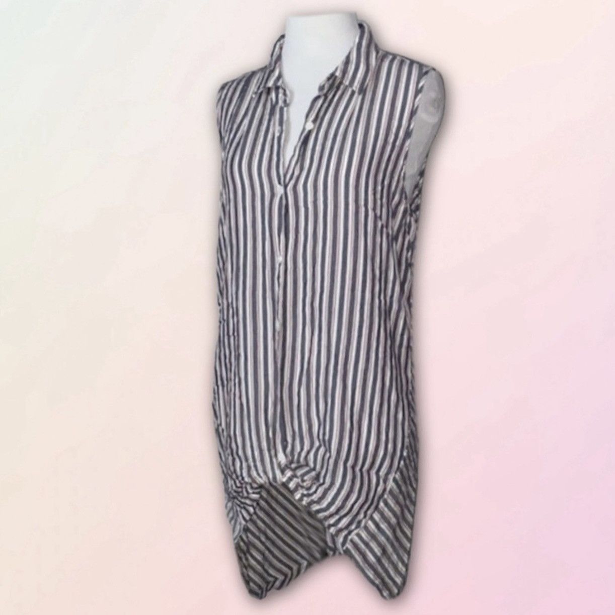 Vintage Retro, Asymmetrical, Striped, Button Down, Sleeveless Tunic Size L / US 10 / IT 46 - 2 Thumbnail