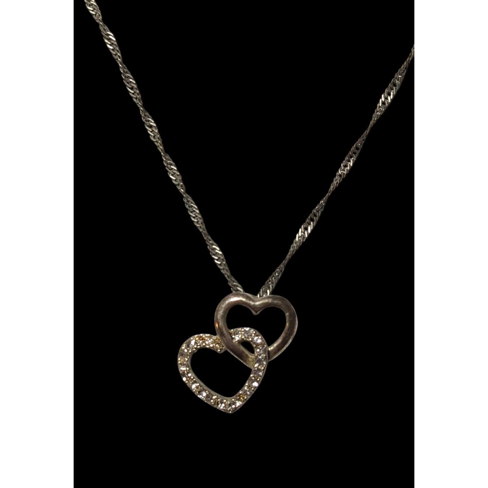 Other Silver Tone Rhinestone Double Heart Pendant Necklace Size ONE SIZE - 2 Thumbnail