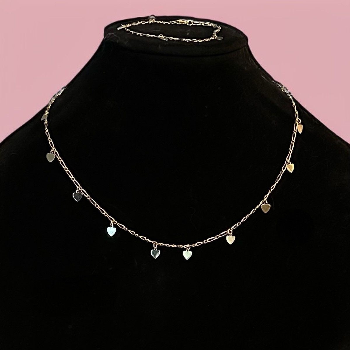 Vintage Vintage dainty gold figaro dangle hearts necklace & bracelet Size ONE SIZE - 1 Thumbnail