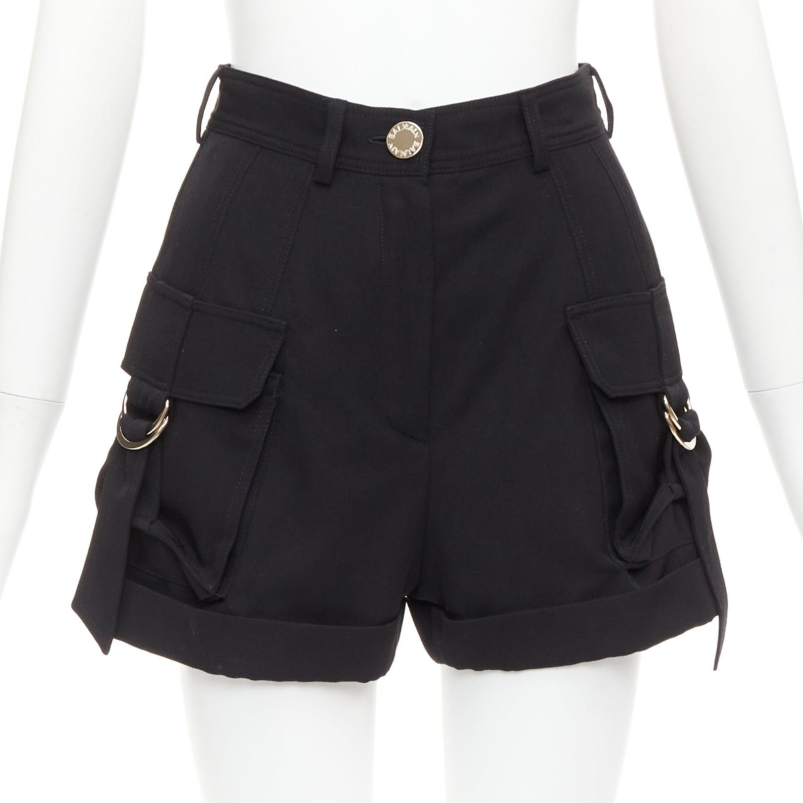 Balmain BALMAIN black wool gold logo button pocketed cargo shorts FR36 S Size 27" / US 4 / IT 40 - 1 Thumbnail