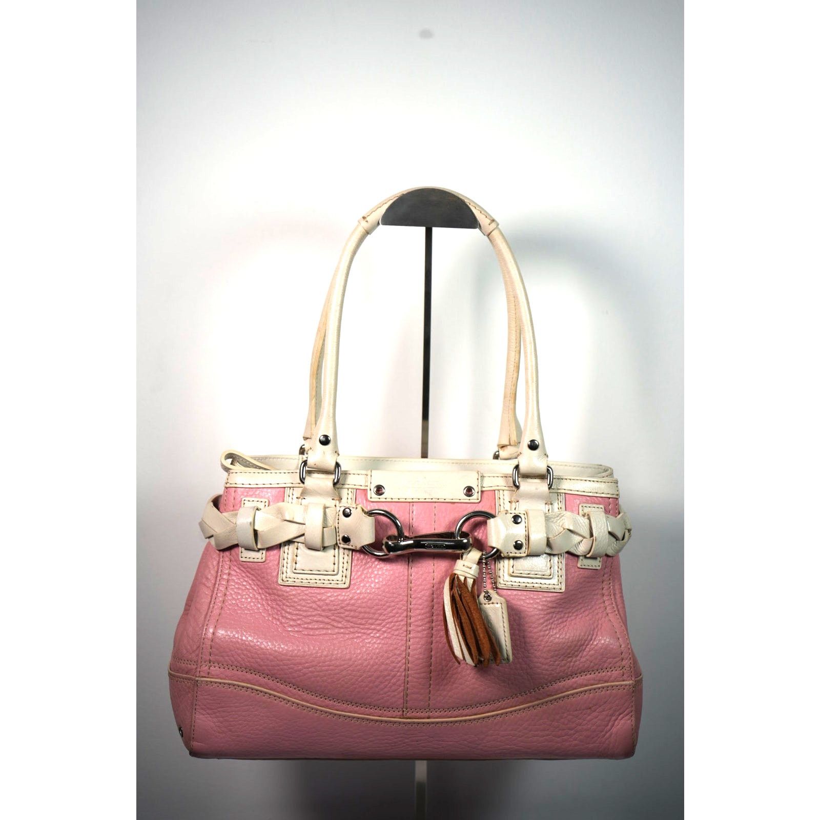 Vintage Coach Pebbled Leather Satchel Handbag Braided Tassel in Pink, Women's