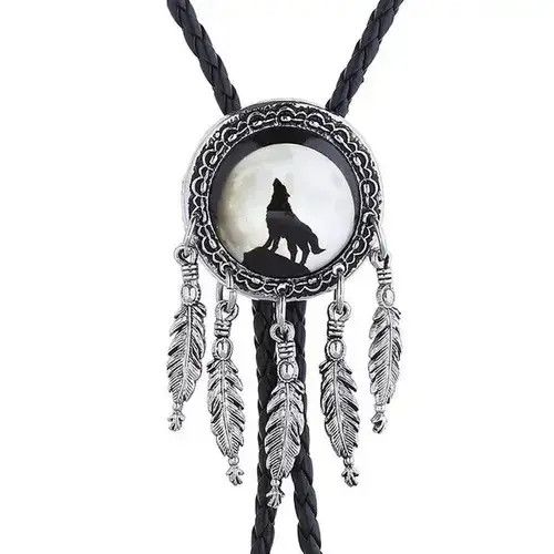 Other Western White Moon Wolf Feather Bolo Tie Size ONE SIZE - 3 Thumbnail