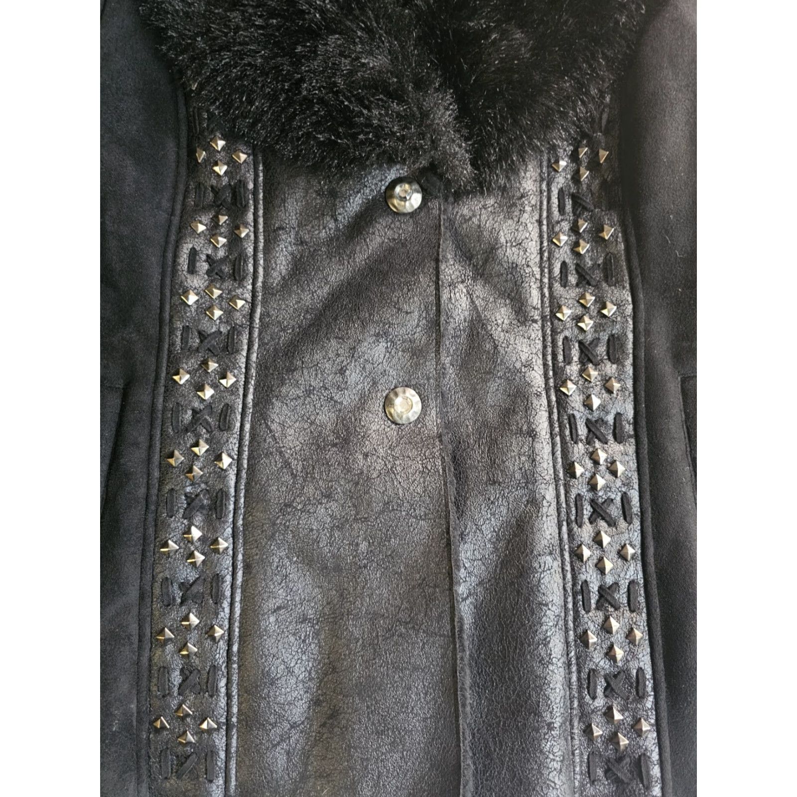 Vintage Powder River Outfitters Panhandle Slim Faux Suede & Fur Studded Jacket Women XL Black Size XL / US 12-14 / IT 48-50 - 6 Thumbnail