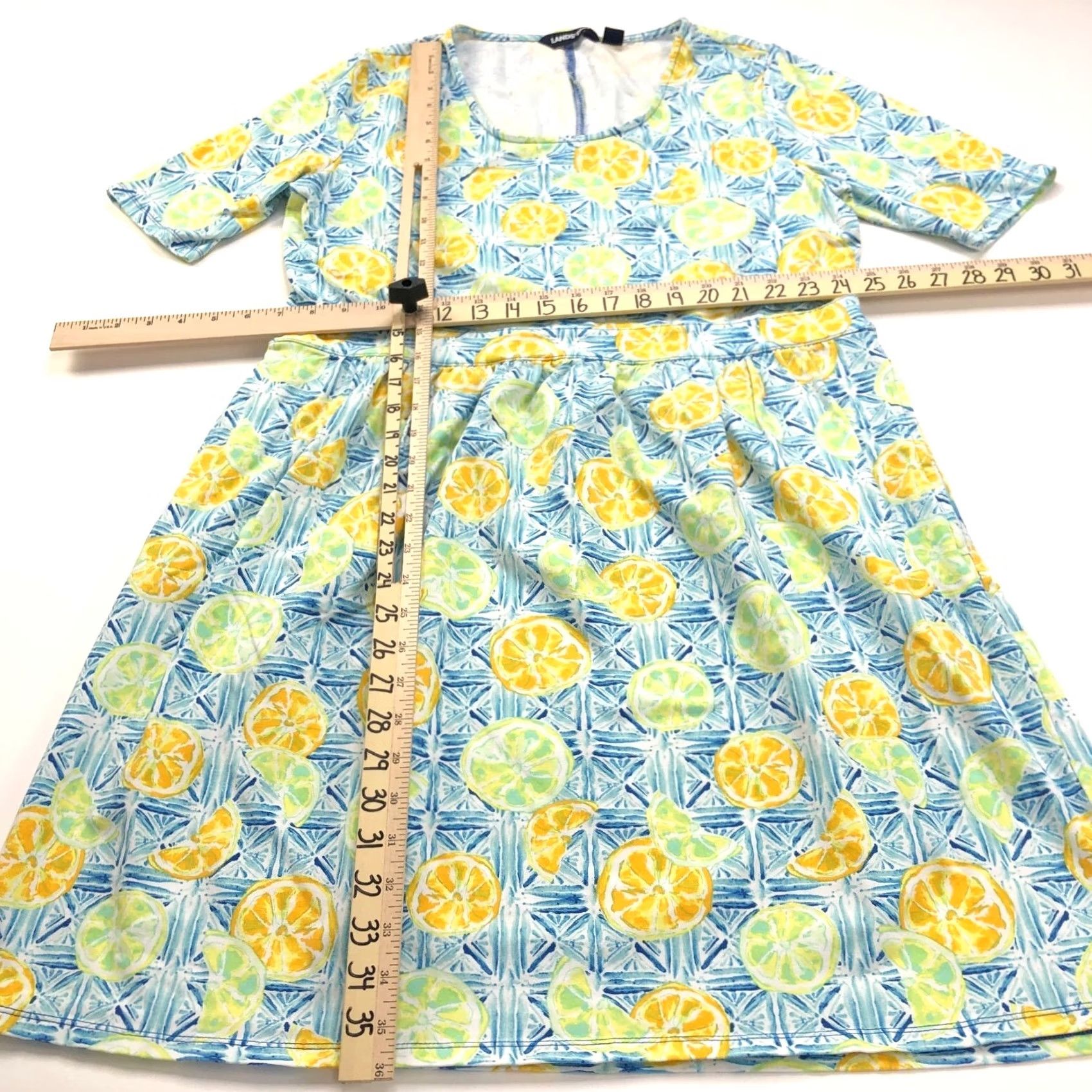 Lands' End Lands' End Large Women's Fit & Flare Dress Lemons Blue Yellow Sleeveless Pullover Scoop Neck Casual Knee Length Multicolor Pattern Size L / US 10 / IT 46 - 2 Thumbnail
