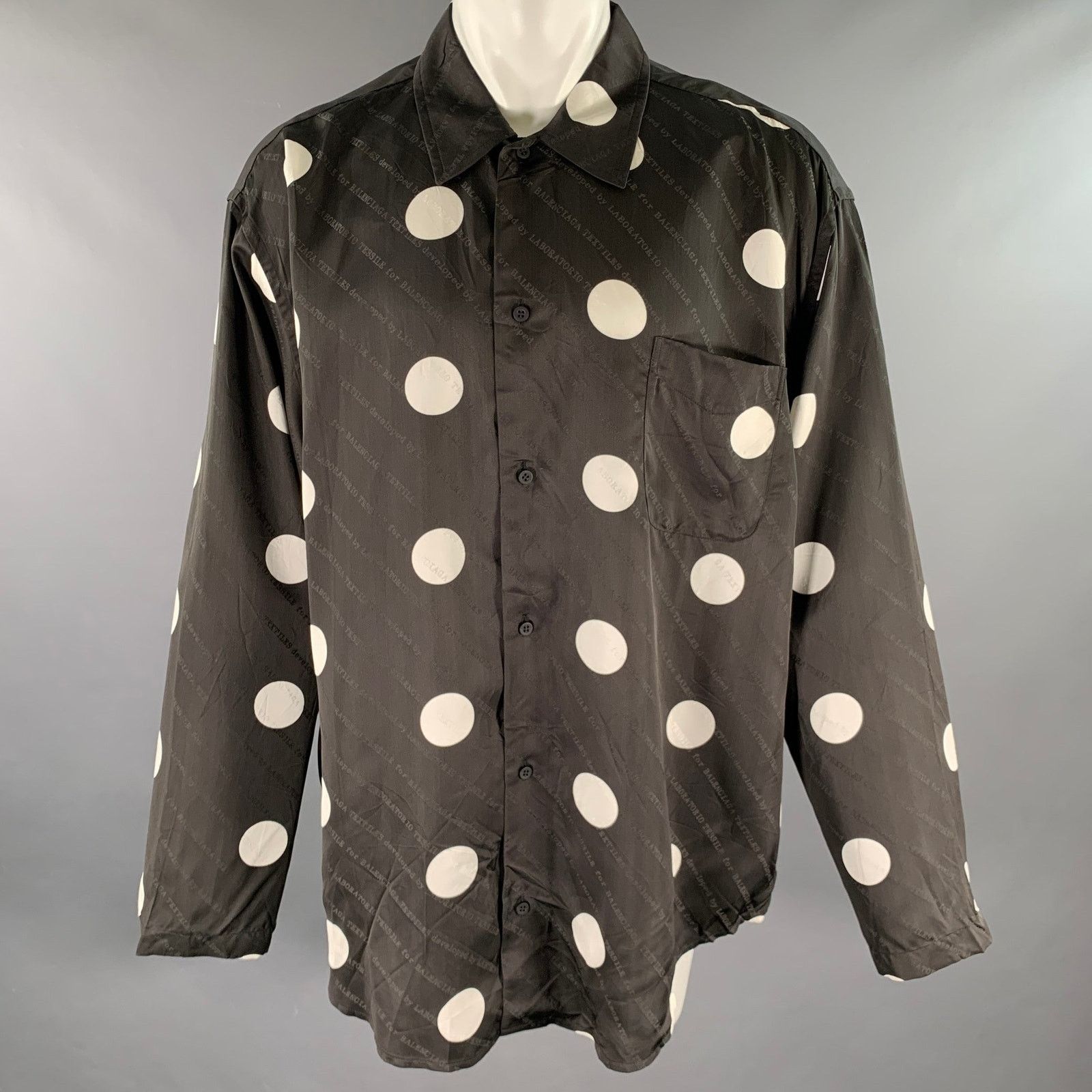 Balenciaga M Black White Polka Dot Viscose Silk Long Sleeve Shirt Size US M / EU 48-50 / 2 - 1 Thumbnail