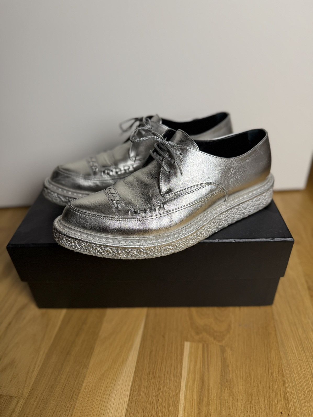 Saint Laurent Paris AW14 Hedi Slimane Silver Leather Creeper 42 Size US 9 / EU 42 - 1 Thumbnail