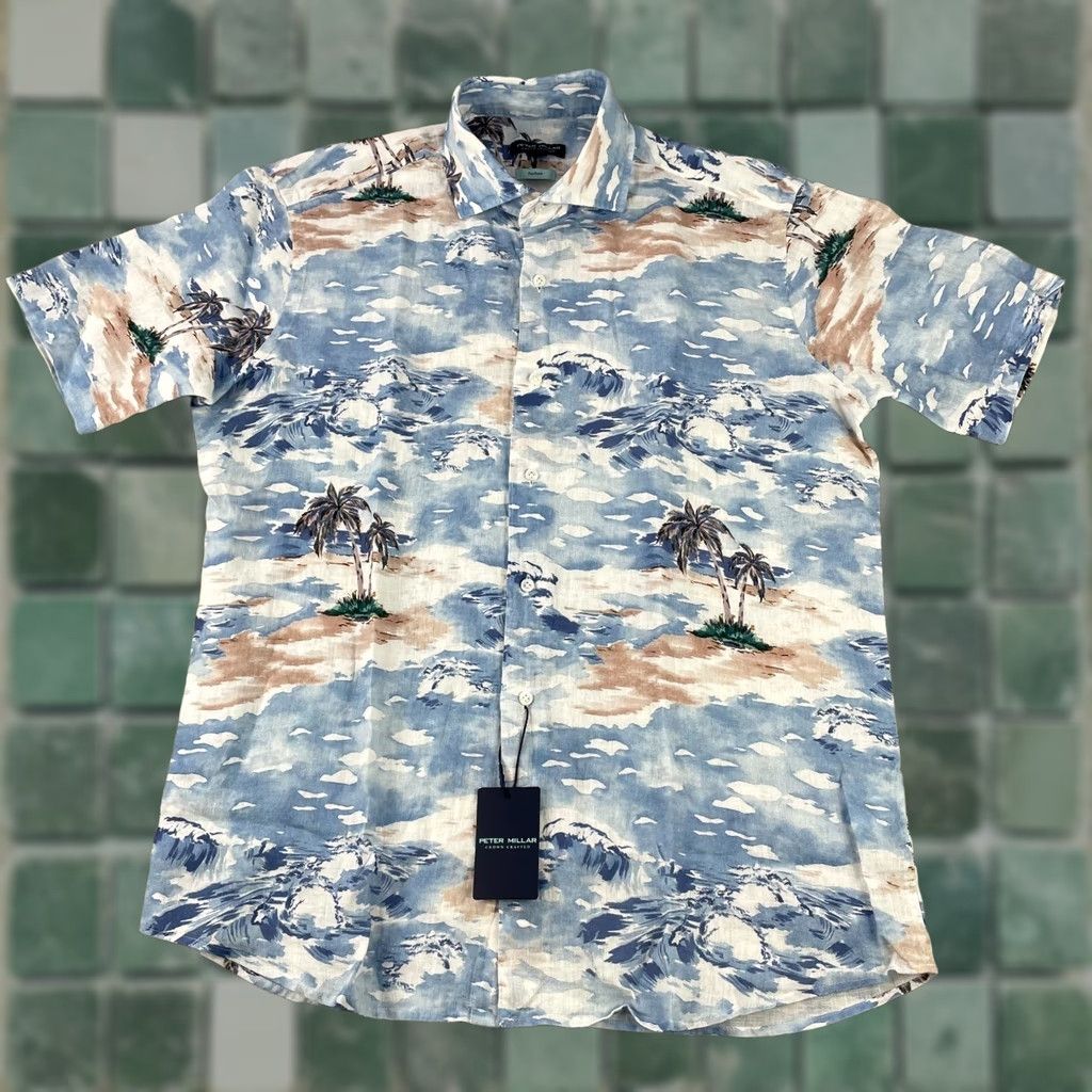 Peter Millar VINTAGE Peter Millar Shirt Men Medium Blue Frost Tropics 100% Linen Crown Sport NWT 00 Size US M / EU 48-50 / 2 - 1 Thumbnail