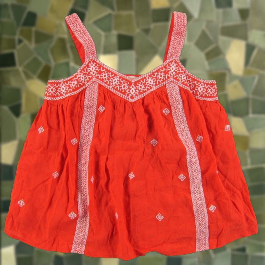 Vintage Moon River Anthropologie Coral Orange White Embroidered Tank Blouse Small V-Neck Sleeveless Rayon Embroidered Moon River Womens Blouse TS? Size S / US 4 / IT 40 - 1 Thumbnail
