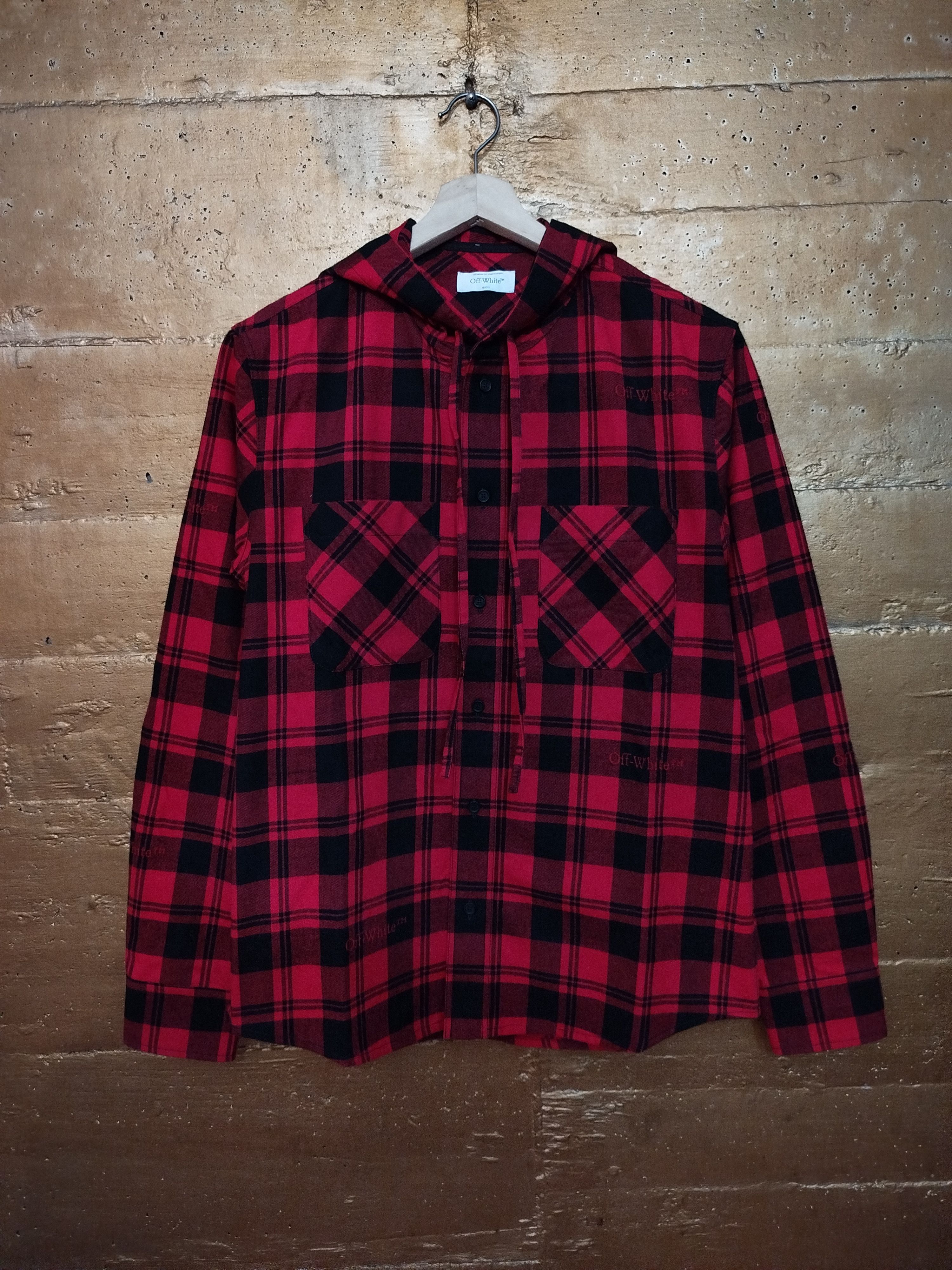 image of Off White Off-White Check Flannel Hooded Shirt in Red, Men's (Size Small)