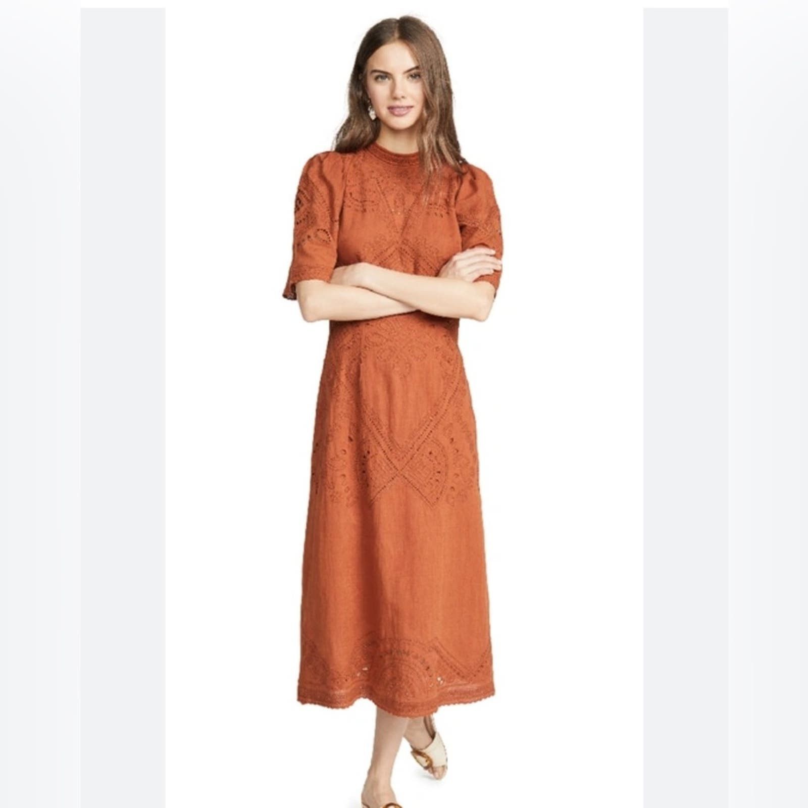 image of Sea New York Agatha Anglaise Embroidery Midi Dress 10 in Orange, Women's (Size Large)