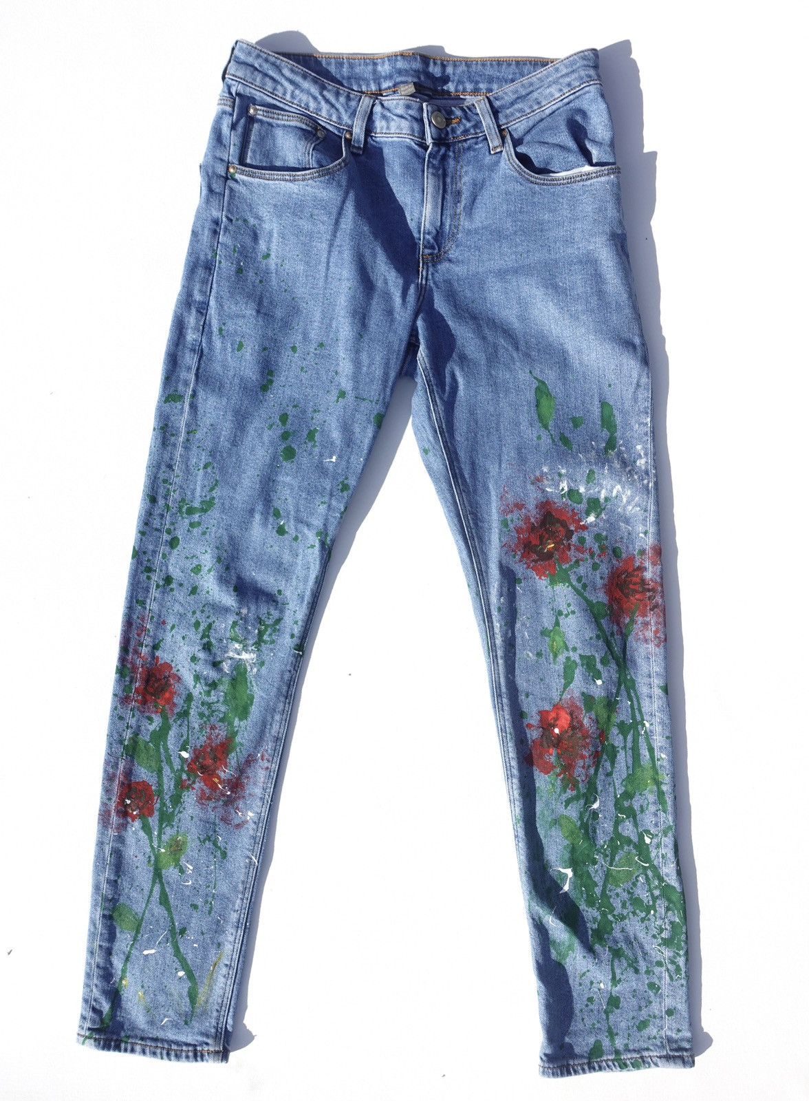 image of Asos x Vintage Paint Splatter Floral Jeans in Blue, Men's (Size 30)