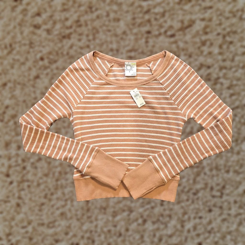 Vintage Aerie Top Womens Small Beige White Striped Thermal Waffle Knit Cropped Casual Shirt Size S / US 4 / IT 40 - 1 Thumbnail