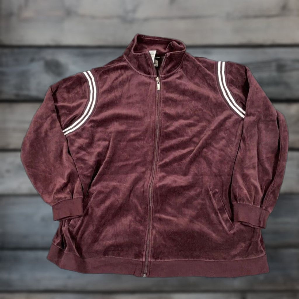 Velour New York Laundry Jacket Women's 2X Dark Red Velour Zip Full-Body Pocket Windbreaker Streetwear 80s 90s Retro Size XXL / US 16-18 / IT 52-54 - 1 Thumbnail