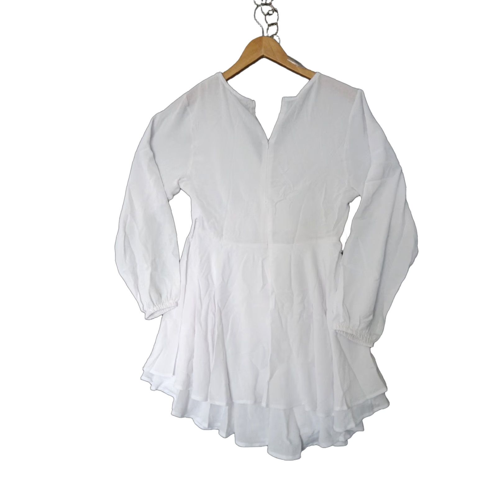 Vintage Women's Dress M Cute Mini Deep V-Neck Over Lap Balloon Sleeve Ruffle Short Size 32" / US 10 / IT 46 - 1 Thumbnail