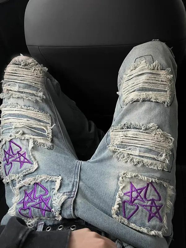VIBE Heavy Star Heart Embroidered Double Patch Washed Jeans Size US 30 / EU 46 - 8 Thumbnail