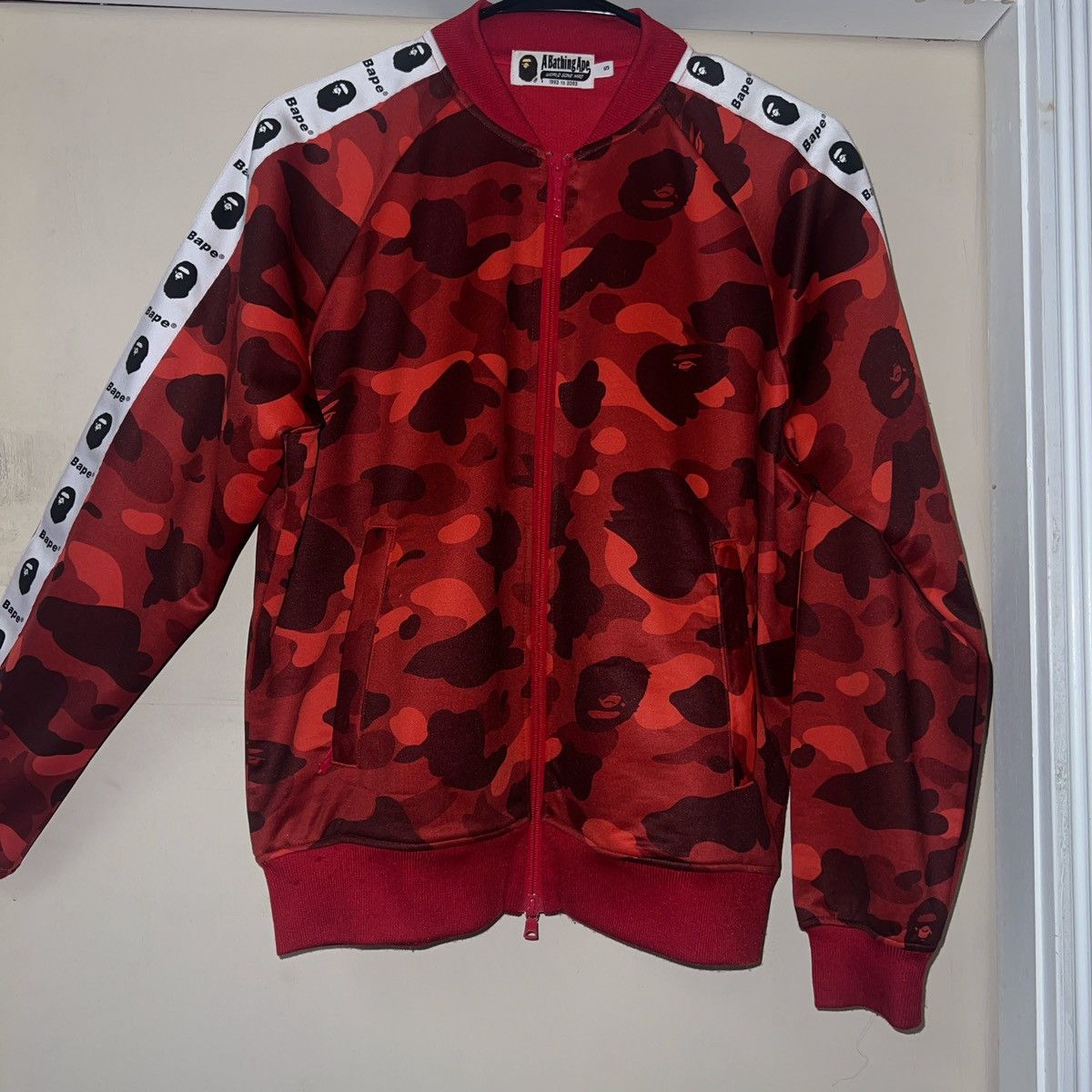 image of Bape Color Camo Logo Tape Track Top in Red, Men's (Size Small)