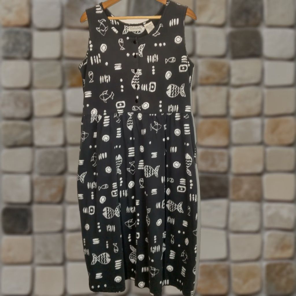 Vintage Basic Editions Women’s Midi Dress Black Sleeveless Boho Fish Pattern Casual Summer Fall Spring Vacation