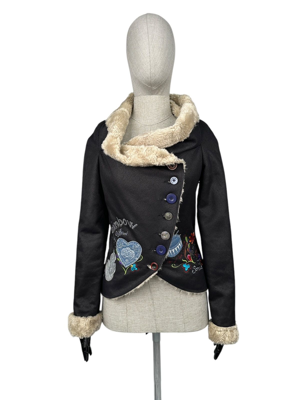 Desigual DESIGUAL RAINBOW WOMEN’S SHORT JACKET FAUX FUR BLACK COAT Size XS / US 0-2 / IT 36-38 - 1 Thumbnail