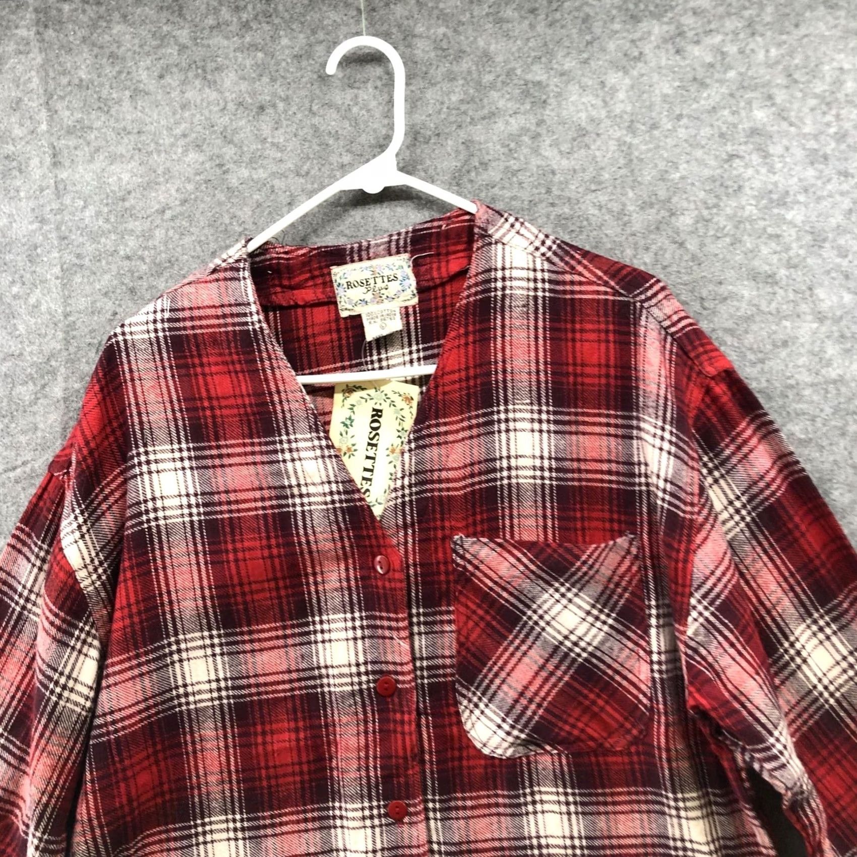 Vintage Rosettes Flannel Shirt Womens L Red Buffalo Plaid V-neck Button Down Boho Shirt Size L / US 10 / IT 46 - 3 Thumbnail