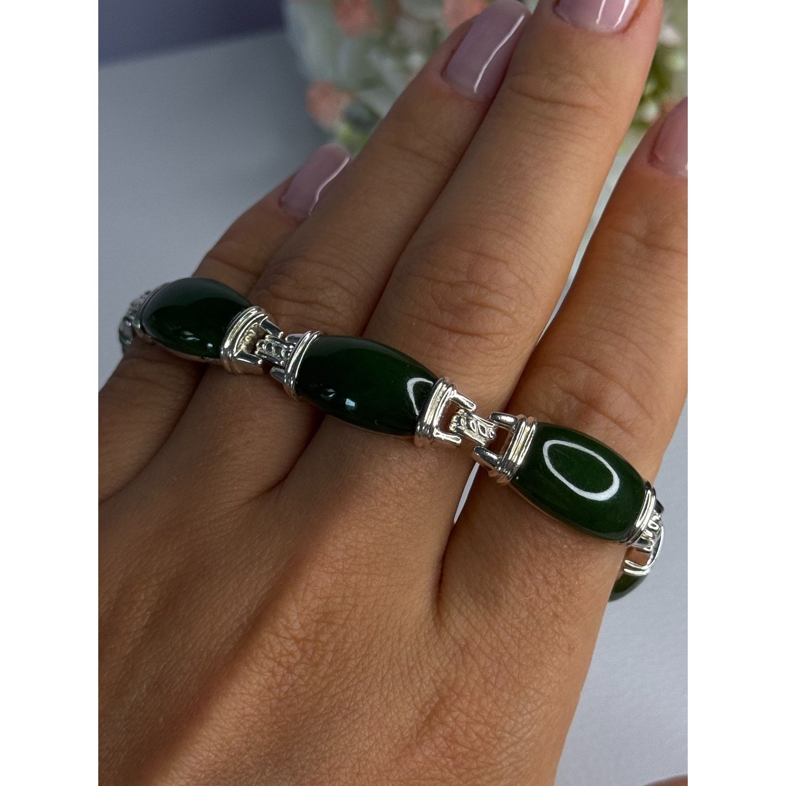 Jewelry 925 STERLING SILVER GREEN NEPHRITE BRACELET LENGTH 7.5 Size ONE SIZE - 2 Thumbnail
