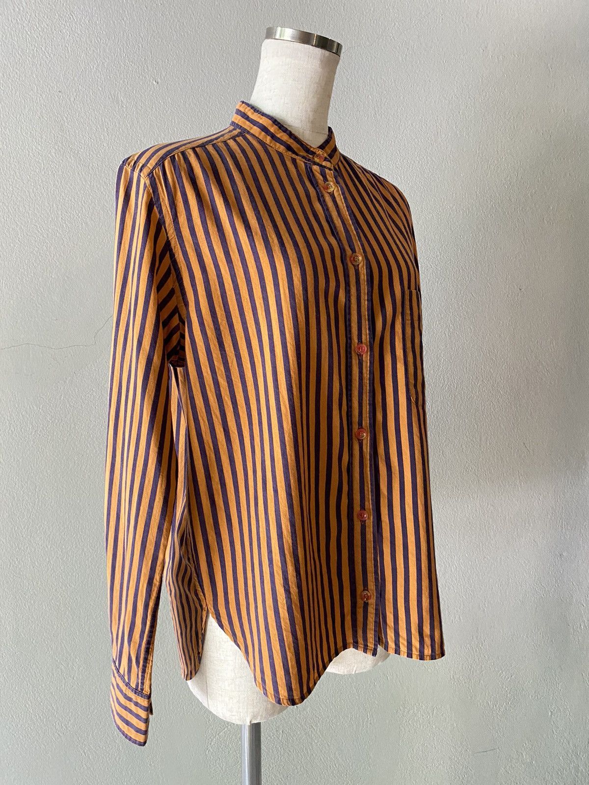 mercibeaucoup mercibeaucoup Orange & Navy Striped Mandarin Collar Shirt Size M / US 6-8 / IT 42-44 - 3 Thumbnail