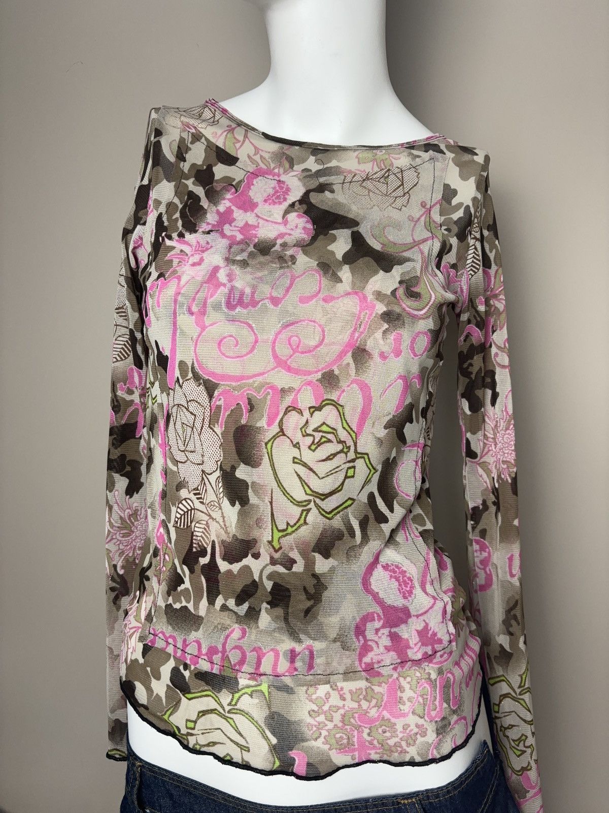 Japanese Brand × Vintage Printed camo mesh long sleeve glamour vintage top Size S / US 4 / IT 40 - 4 Thumbnail