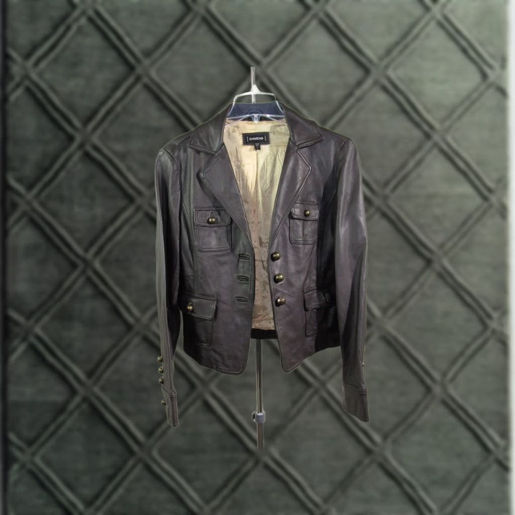 Bebe Bebe Women's Brown Leather Jacket Large Rock Punk | Pre-Owned, Pockets, Button Closure, Short Jacket, Regular Size, Fall/Spring/Summer/Winter | Women Size L / US 10 / IT 46 - 1 Thumbnail