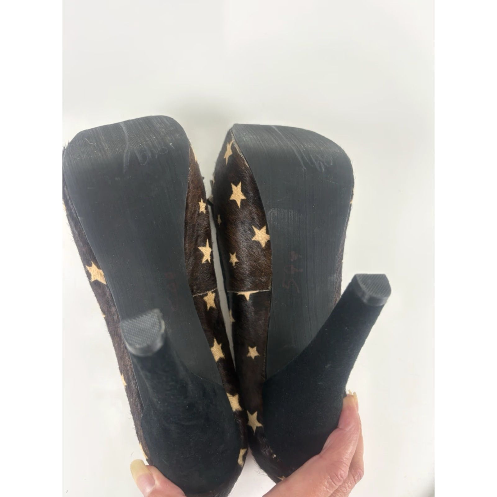 PONY Naughty Monkey Brown Pony Hair Open Toe Heels Womens Size 9.5 - Ultra High Stiletto Pumps with Bow & Stars - Party/Cocktail & Travel Size US 9.5 / IT 39.5 - 7 Thumbnail