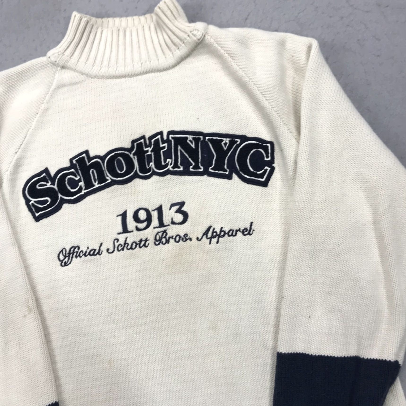 Schott VINTAGE Schott NYC Sweater Mens XL Beige Cream NYC Spell Out Mock Neck Cotton Knit Shirt Pullover Winter Fall Spring Mens Size US XL / EU 56 / 4 - 3 Thumbnail