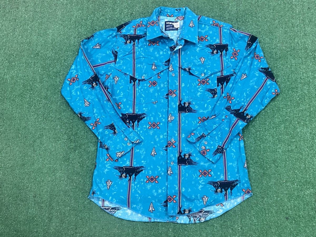 image of Vintage 80's Wrangler Southwestern Print Cowboy Cut Shirt in Blue, Men's (Size XL)