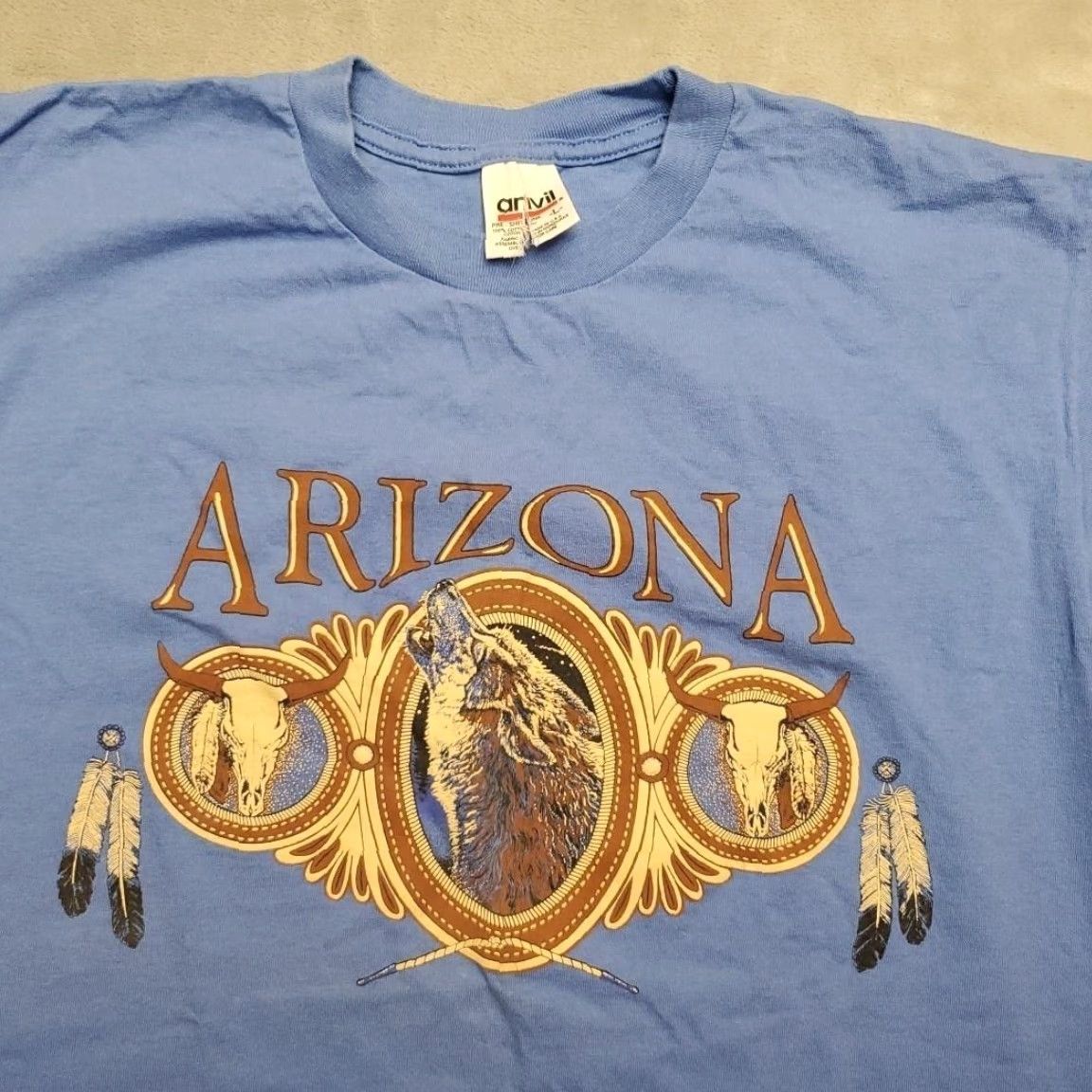 Anvil VINTAGE ARIZONA T-SHIRT Mens Large Blue Wolf Native Southwest Graphic Tee 90s Size US L / EU 52-54 / 3 - 2 Thumbnail