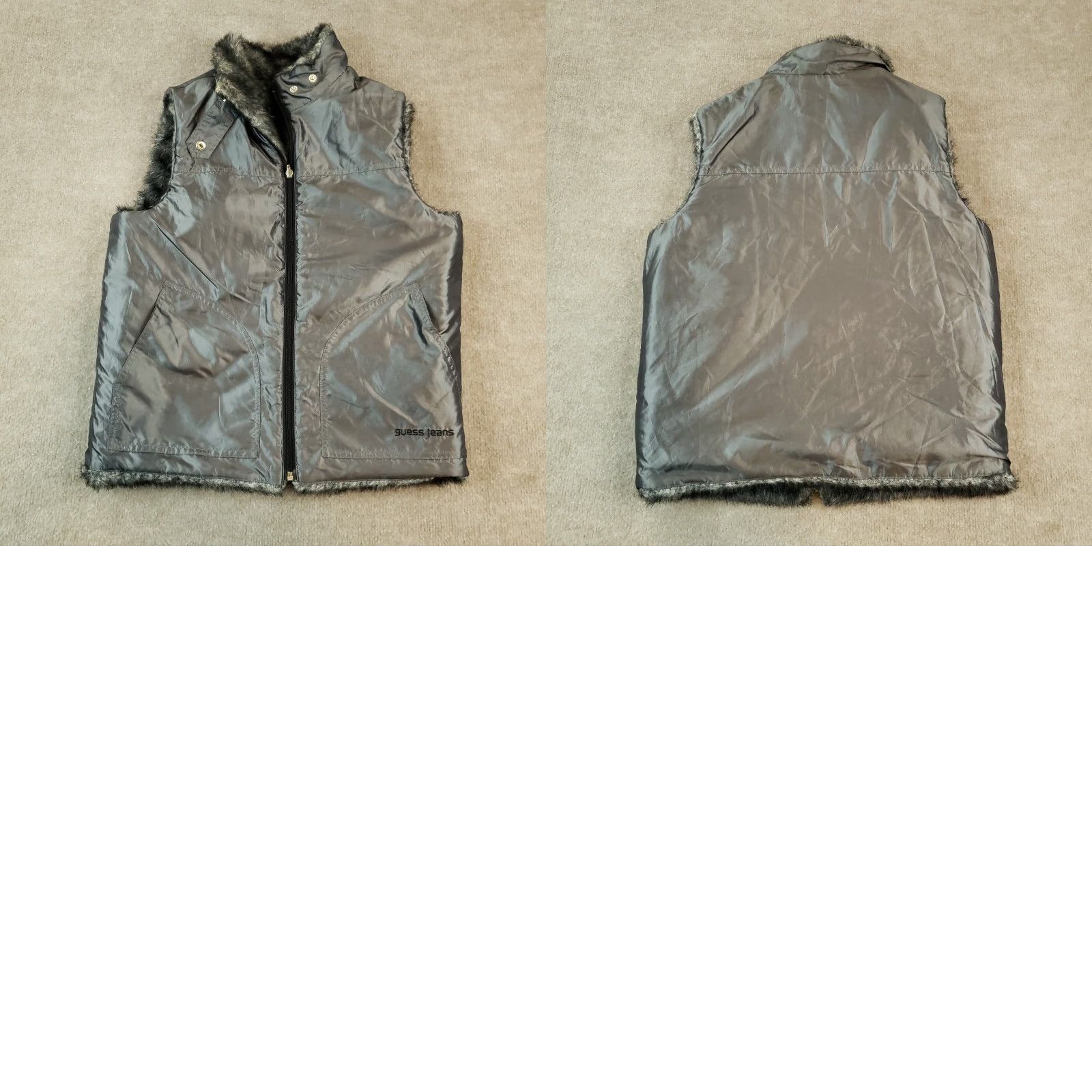 Guess VINTAGE GUESS Vest Womens M Gray Full Zip Reversible Faux Fur Mock Neck Gray Pockets Casual Outdoor 90s Mens Womens Size M / US 6-8 / IT 42-44 - 8 Thumbnail