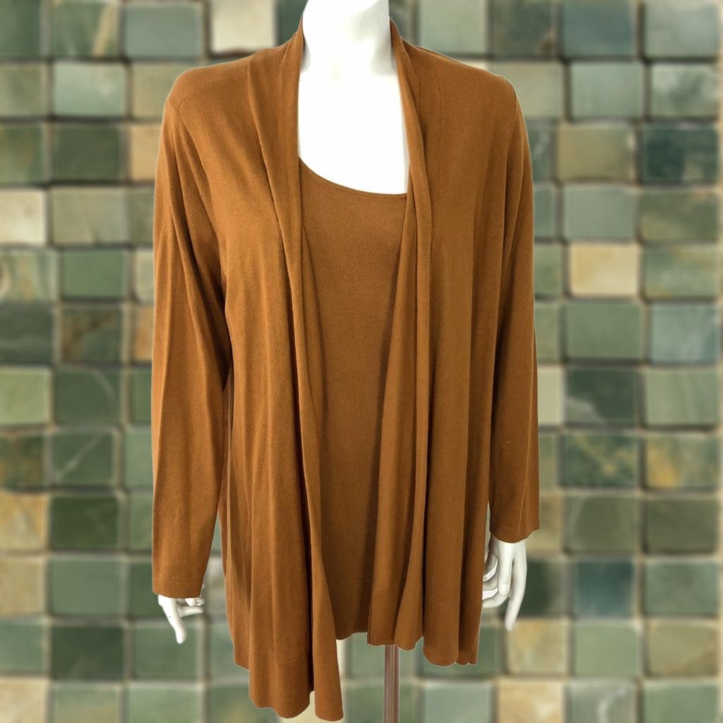 Vintage Susan Graver Cardigan Tank Top Sweater 2 Pc Set XL 1X Orange Brown Womens Knit Pullover Jacket Size XL / US 12-14 / IT 48-50 - 1 Thumbnail