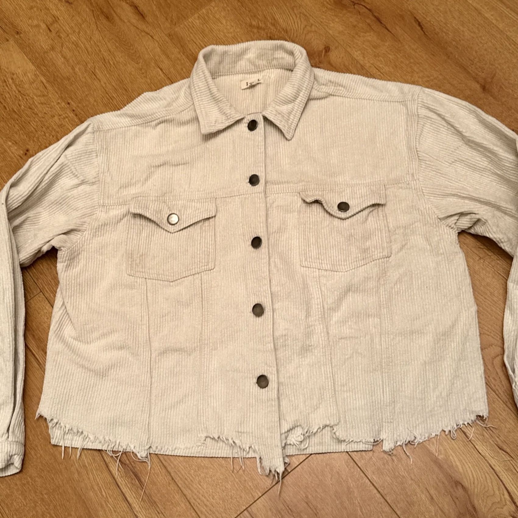 Vintage POL Corduroy Jacket Cropped Button Up Striped Beige Women's Medium Boho Pockets Raw Hem Fall Spring Vintage No Size M / US 6-8 / IT 42-44 - 5 Thumbnail