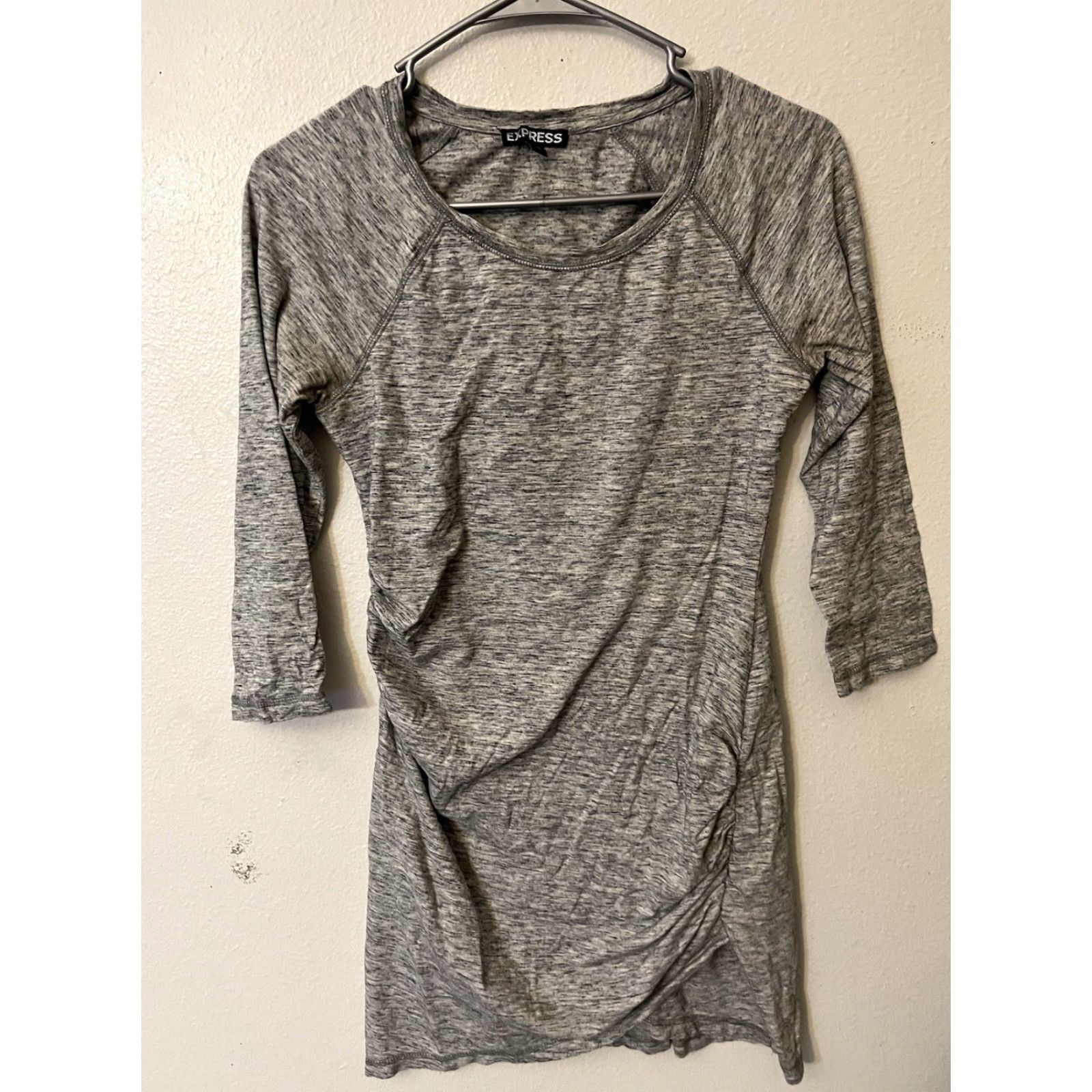 Express Express Dress Women Medium Ruched Gray 3/4 Sleeve Midi Mini Dress, Office, Party, Formal, Workwear, Sheath, Stretchy, Casual, Solid, Black Gray Size M / US 6-8 / IT 42-44 - 2 Thumbnail