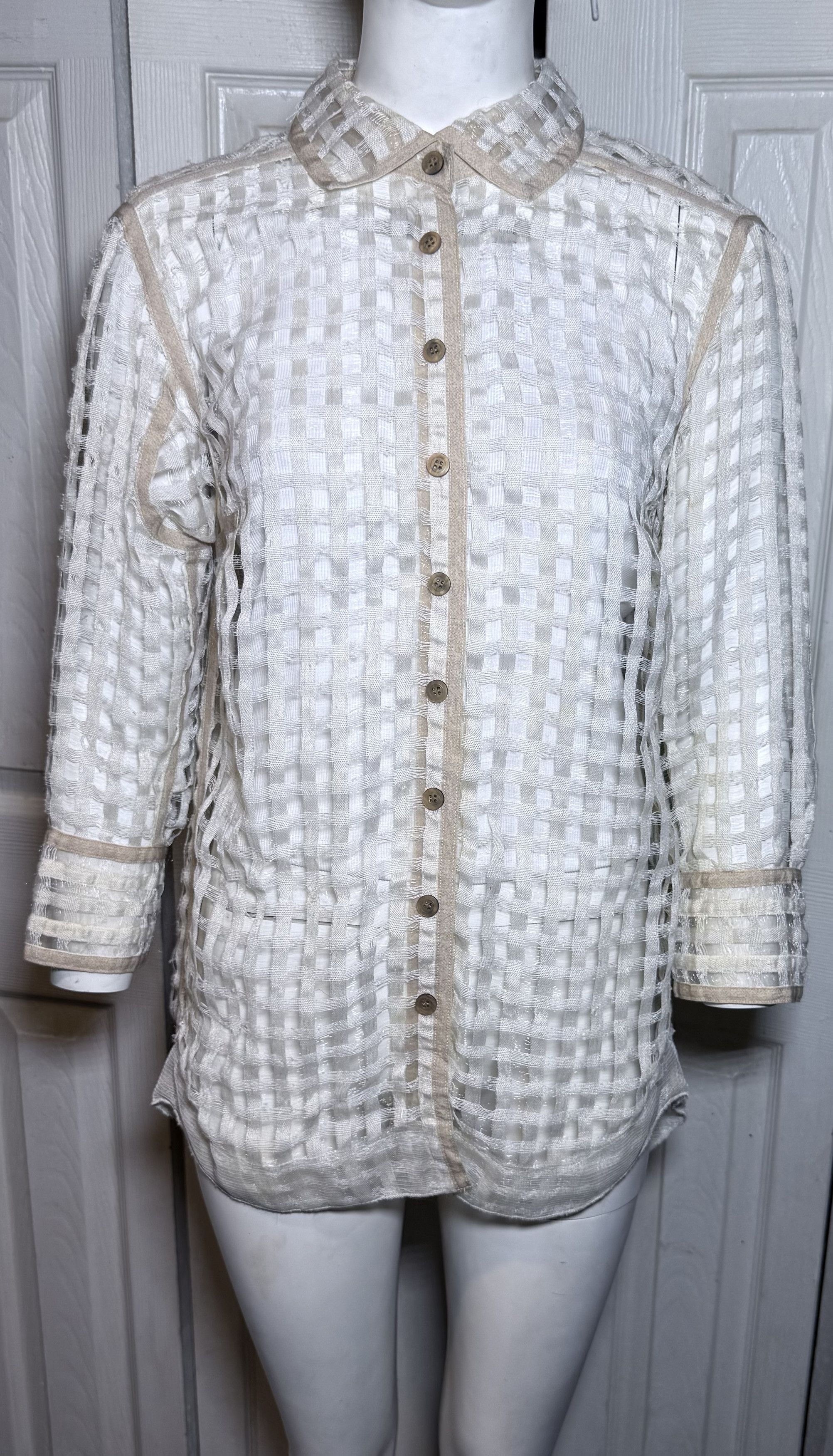 Other Vintage Off White Woven Checkered Sheer Top Size S / US 4 / IT 40 - 1 Thumbnail