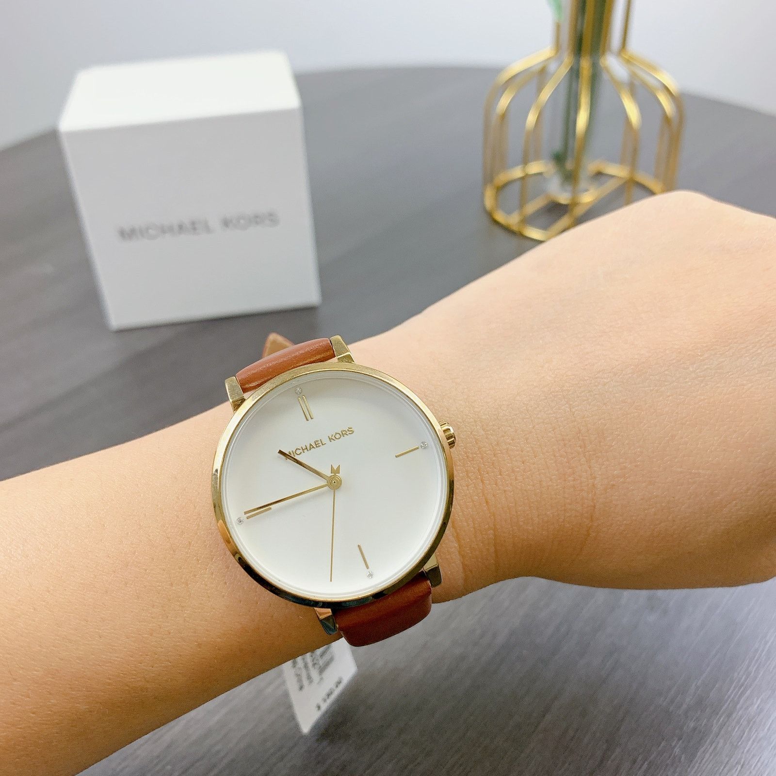(IN)MICHAEL KORS MK7099 JAYNE BROWN GOLD LEATHER WATCH