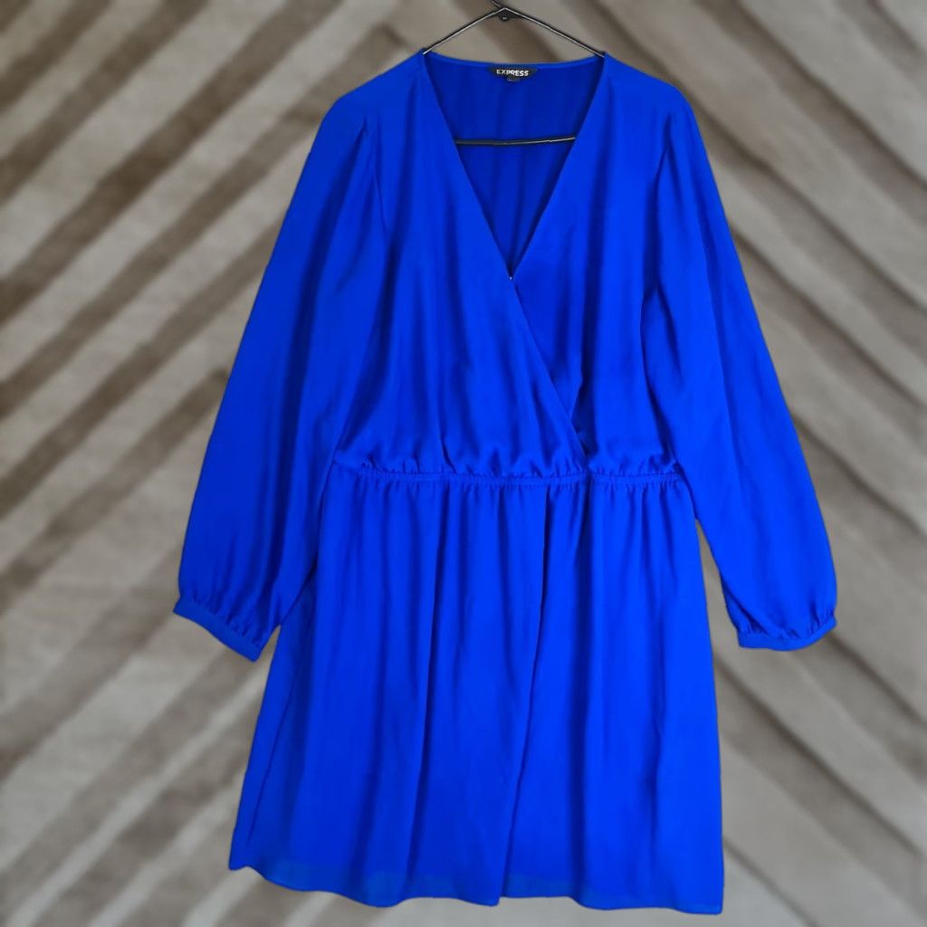 VINTAGE Express Dress Blue V-Neck Long Sleeve Midi Runched Waist Lined XL