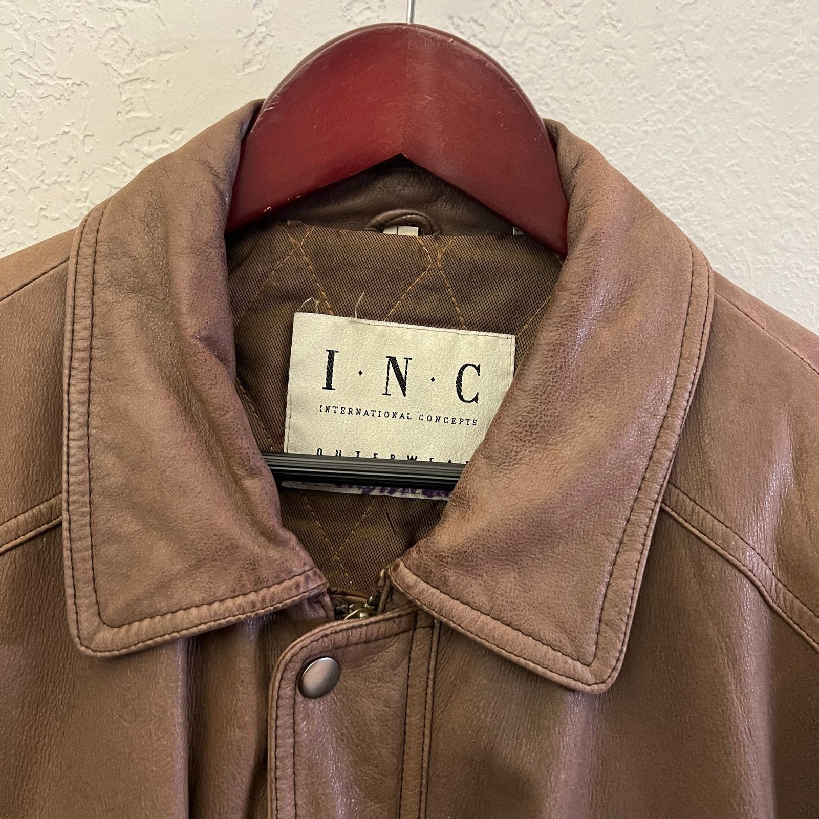Vintage INC Leather Jacket Brown Zip Snap Front Quilted Lined Mens L Size US L / EU 52-54 / 3 - 2 Thumbnail