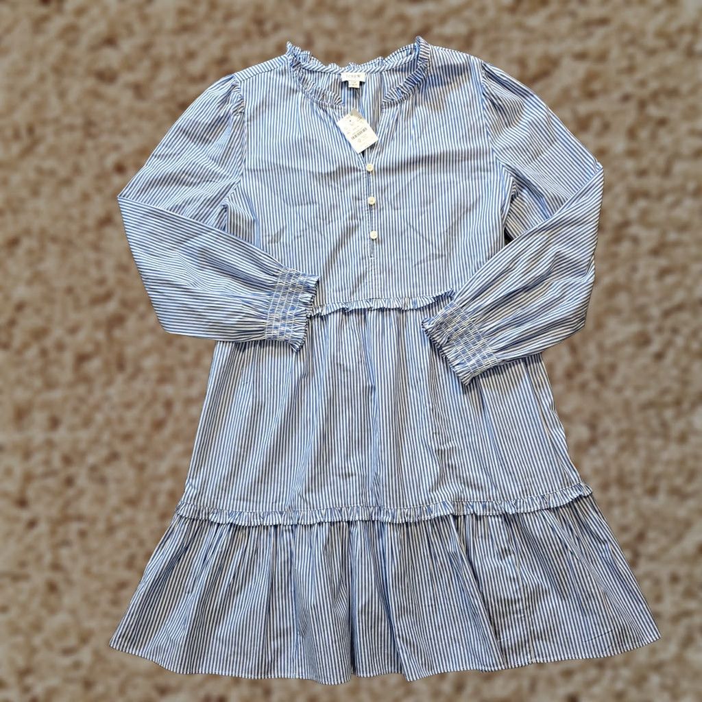 J.Crew J.CREW Dress Size 10 White Blue Striped A-Line Long Sleeve Tiered Preppy Classic Dress Women Knee Length Summer Spring Size L / US 10 / IT 46 - 1 Thumbnail